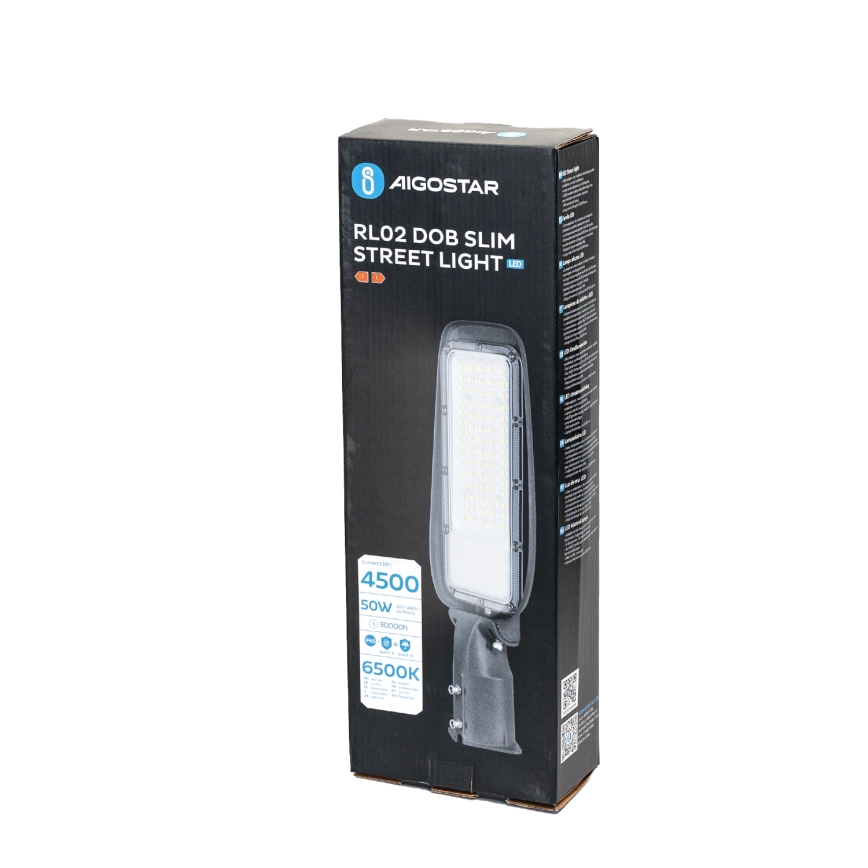 LED pouličné svietidlo RL02 DOB SLIM je zobrazené v balení. Balenie uvádza výkon 4500 lm, 50 W a 6500 K. Na obale je aj názov výrobcu AIGOSTAR.