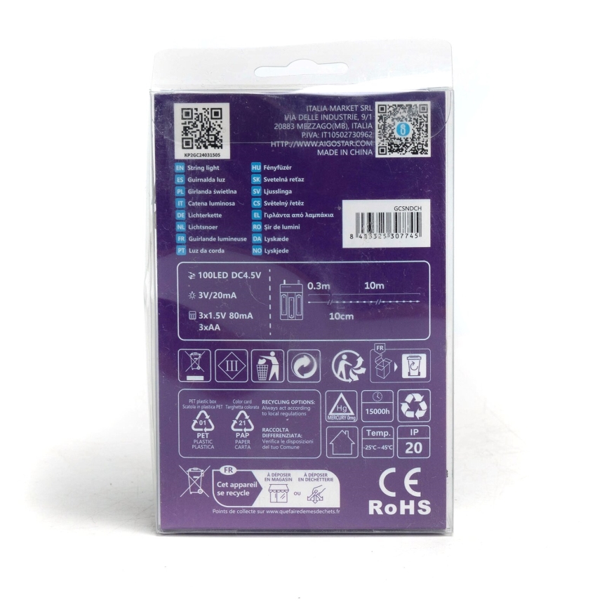 Zadná strana obalu s popisom svetielkového reťazca: 100 LED diód, napájanie 4,5V DC, dĺžka 10 metrov, spotreba 20 mA, tri batérie AAA, prevádzková teplota -25 až 45 stupňov Celzia, trieda krytia IP20, životnosť 15000 hodín. Obsahuje recyklačné symboly a informácie o výrobcovi.