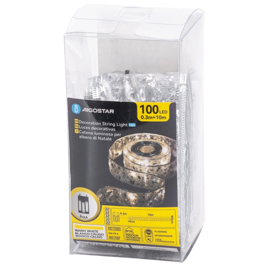 Aigostar - LED vianočný reťaz 100xLED/3xAA 10 m teplá biela strieborná