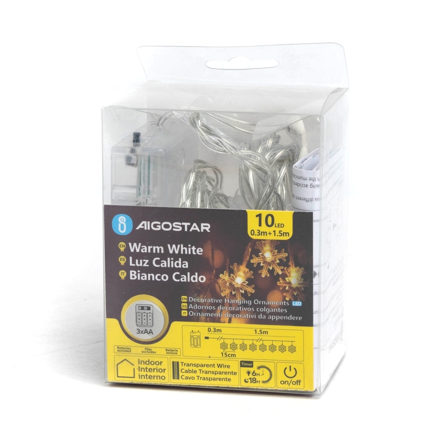 Aigostar - LED Vianočná reťaz 10xLED/3xAA 1,5m teplá biela vločky
