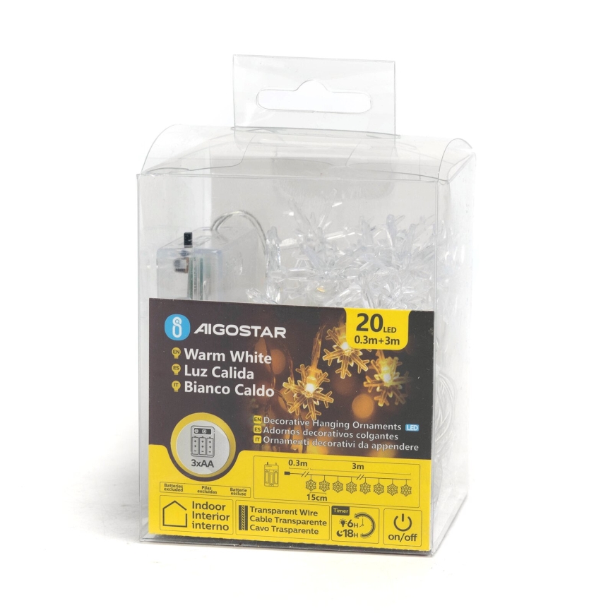 Aigostar - LED Vianočná reťaz 20xLED/3xAA 3,3m vločky