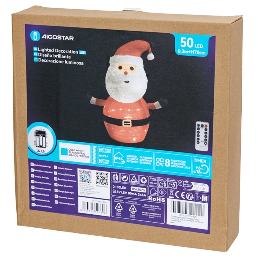 Aigostar - LED vianočná vonkajšia dekorácia 50xLED/3xAA 0,7m IP44 studené svetlo Santa Claus