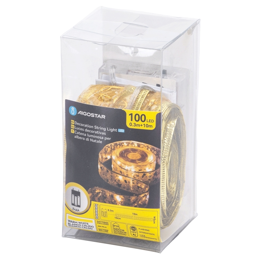Aigostar - LED vianočný reťaz 100xLED/3xAA 10 m teplá biela zlatá