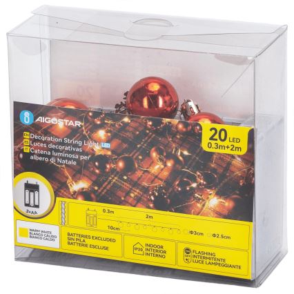 Aigostar - LED Vianočný reťaz 20xLED/3xAA 2m teplá biela
