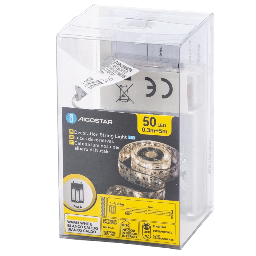 Aigostar - LED vianočný svetelný reťazec 50xLED/3xAA 5 m teplá biela strieborný