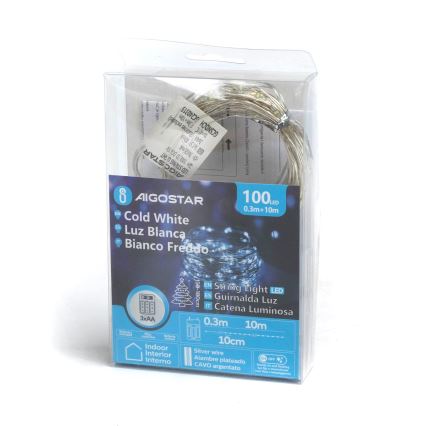 Svetlá s 100 LED diódami, zabalené v plastovej krabičke, sú určené pre vnútorné použitie. Majú strieborný kábel, studenú bielu farbu a dĺžku 10 metrov. Na obale je uvedený názov „AIGOSTAR“ a text v niekoľkých jazykoch, vrátane: String Light LED, Guirnalda Luz, Catena Luminosa.