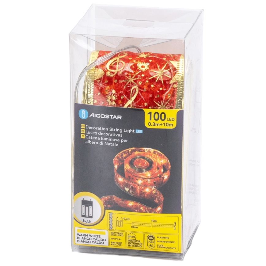 Aigostar - LED Vianočný reťaz 100xLED/3xAA 10 m teplá biela červená