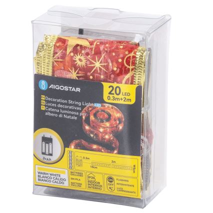 Aigostar - LED Vianočná reťaz 20xLED/3xAA 2 m teplá biela červená