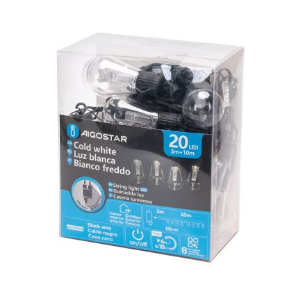 LED svetelný veniec s 20 LED diódami, zabalený v priehľadnej plastovej krabičke. Veniec má studenú bielu farbu, čierny kábel a je dlhý 13 metrov (3m + 10m). Balenie uvádza vnútorné aj vonkajšie použitie.