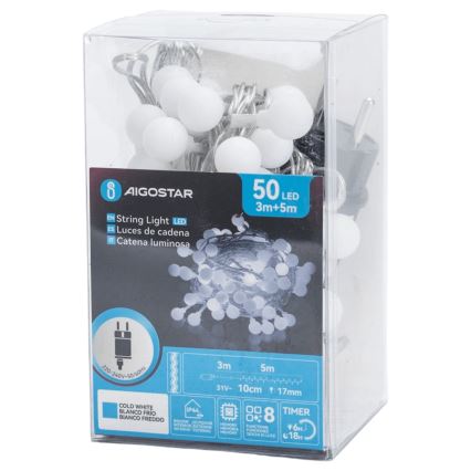 Aigostar - LED vonkajšia dekoračná reťaz 50xLED/8 funkcií 5 m IP44 studená biela
