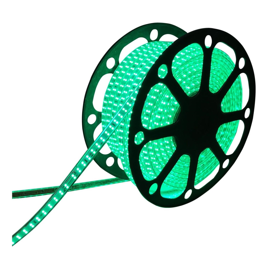 Svetlozelená LED páska sa odvíja z čiernej cievky. Páska je čiastočne odvinutá. Cievka je na bielom pozadí.
