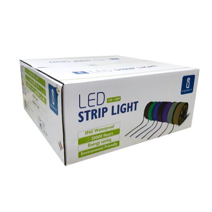 Krabica s LED pásikmi svetla, 220-240V, IP65 vodeodolné, životnosť 20000 hodín, energeticky úsporné a šetrné k životnému prostrediu. Obsahuje niekoľko farebných pásikov.