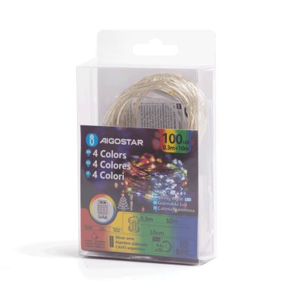 Svetelný reťaz s 100 LED diódami v štyroch farbách, stočený v priehľadnom plastovom obale. Reťaz je dlhá 10 metrov s priemerom drôtu 0,3 metra, poháňaná tromi AA batériami a má strieborný drôt.
