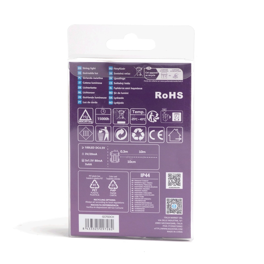 Aigostar - LED Vonkajší  reťaz 100xLED/8 funkcií/3xAA10,3m IP44 viacfarebný