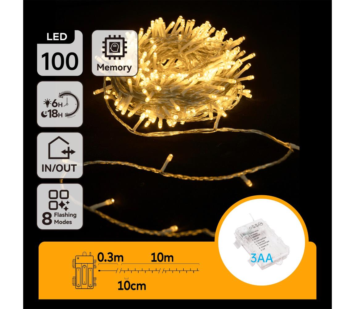 B.V.  -LED Vonkajší reťaz 100xLED/8 funkcií 3xAA 10,3m IP44 teplá biela B10303K1S