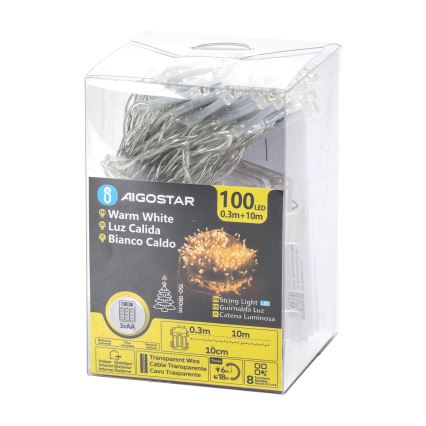 Svetlený veniec s 100 LED diódami, zabalený v plastovej krabičke. Veniec má teplú bielu farbu, priehľadný kábel a dĺžku 10 metrov plus 0,3m. Napájanie: 3xAA batérie.