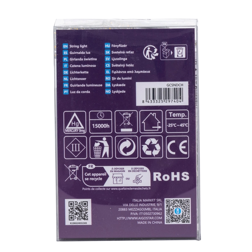 Balenie s LED svetelným reťazcom; obsahuje technické údaje, symboly pre recykláciu a informácie o výrobcovi: ITALIA MARKET SRL, Via Delle Industrie, 9/1, 20883 Mezzago (MB), ITALIA, P.IVA: IT10502730962, http://www.aigo star.com, vyrobené v Číne.