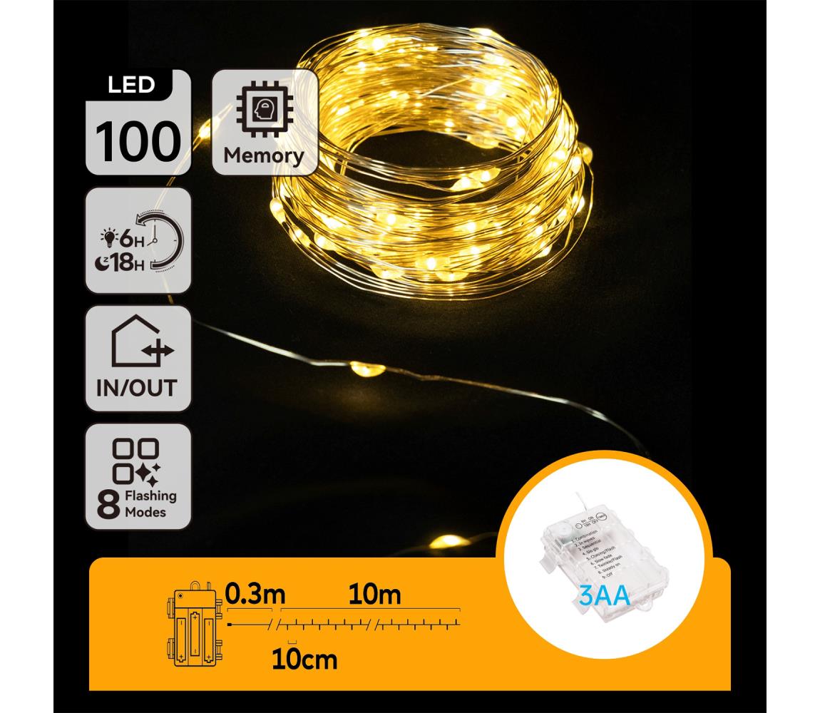 B.V.  - LED vonkajší reťaz 100×LED, 8 funkcií, 3×AA, 10,3 m, IP44, teplá biela B10303K1A
