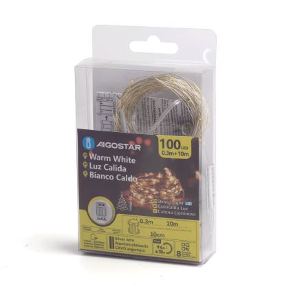 Svetlený veniec s 100 LED diódami v teplej bielej farbe, zbalený v priehľadnom plastovom obale. Dĺžka venca je 10 metrov, s prívodným káblom 0,3 metra. Balenie uvádza prevádzku na 3xAA batérie.