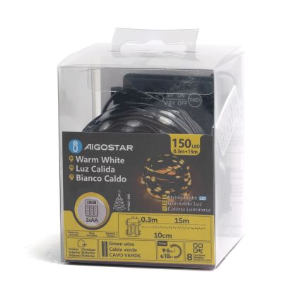 LED svetelný veniec v balení je pripravený na použitie. Obsahuje 150 LED diód, vyžaruje teplé biele svetlo, má dĺžku 15 metrov a je napájaný 3xAA batériami. Balenie oznamuje vnútorné/vonkajšie použitie.