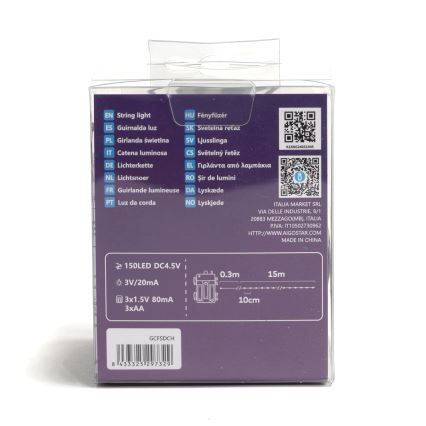 Balenie svetelného reťazca s 150 LED diódami, napájaním 3x 1,5V a dĺžkou 15 metrov. Balenie obsahuje aj bližšie technické parametre: 3V/20mA, 3x1,5V 80mA 3xAA, 0,3m kábel a 10 cm rozostup LED.