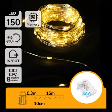 Aigostar - LED vonkajší reťaz 150xLED/8 režimov 3xAA 15,3 m IP44 teplá biela
