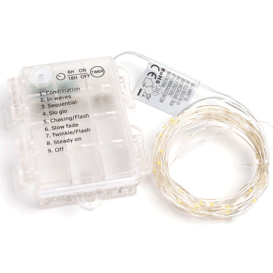 Svetelný reťaz s batériovým boxom s deviatimi svetelnými režimami: kombinácia, vlny, sekvenčné, pomalé svietenie, prenasledovanie/blesk, pomalé zhasínanie, blikanie/blesk, stále svietenie a vypnuté. Box disponuje časovačom 6 hodín zapnuté, 18 hodín vypnuté.