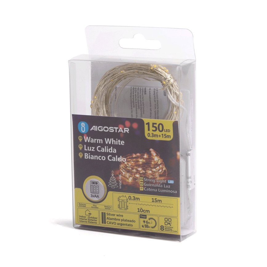 Svetlený veniec s 150 LED diódami v teplej bielej farbe je stočený v priehľadnom plastovom obale. Veniec má strieborný drôt, dĺžku 0,3m až 15m a rozostupy LED diód 10cm. Balenie obsahuje informácie o batérii (3xAA) a čase svietenia.