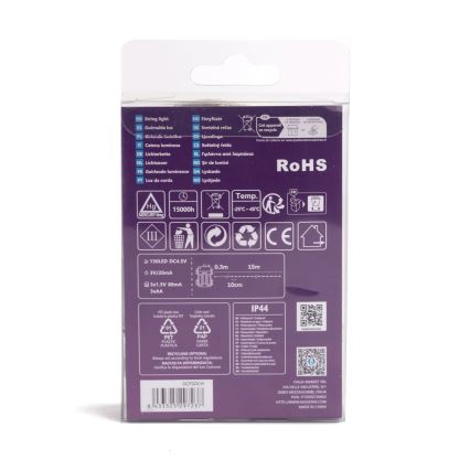 Balenie LED svetiel: 150 LED diód, napájanie 4,5 V DC, dĺžka 15 metrov. Obsahuje technické údaje a symboly recyklácie.