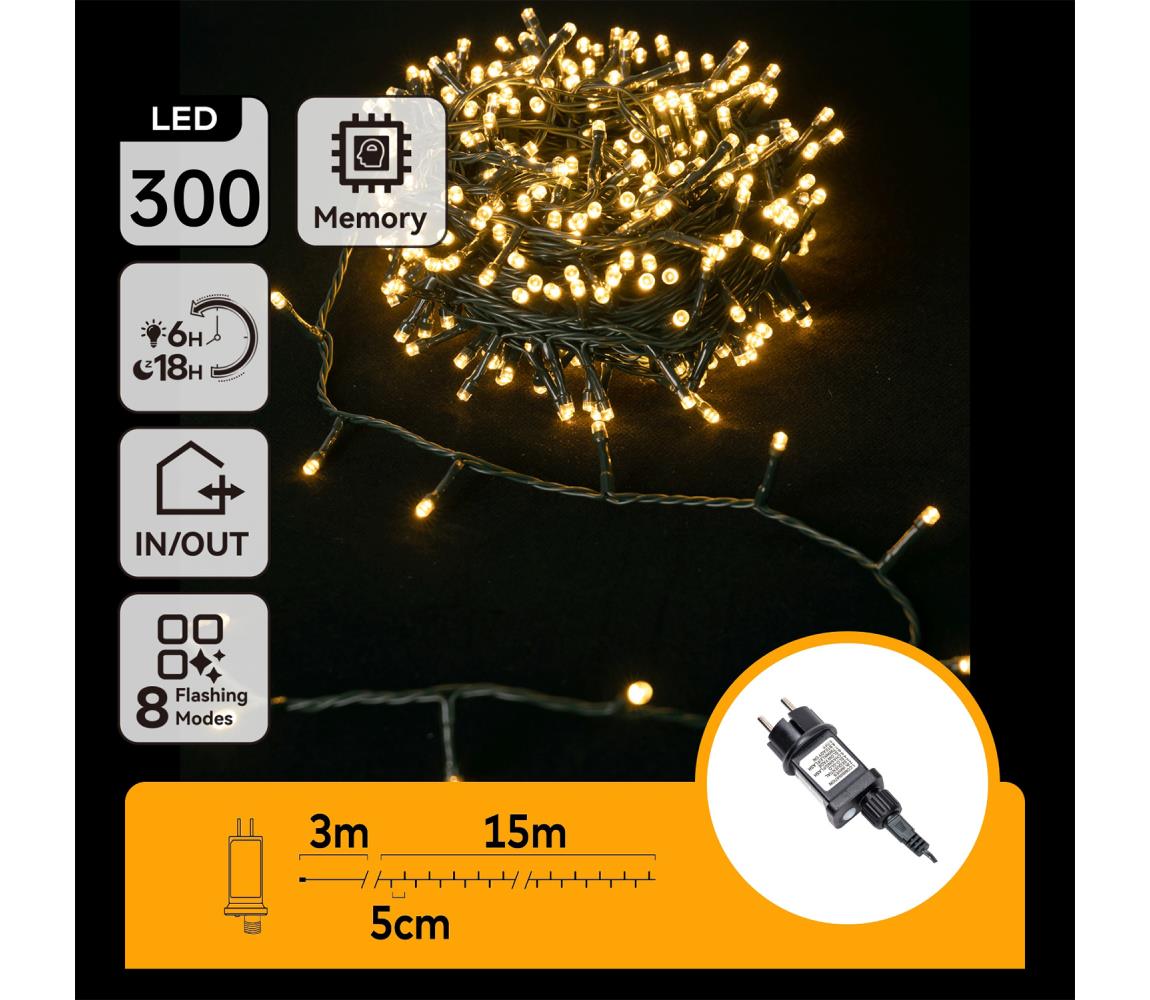 B.V.  - LED Vonkajší reťaz 300xLED/8 funkcií 18m IP44 teplá biela B103031PQ