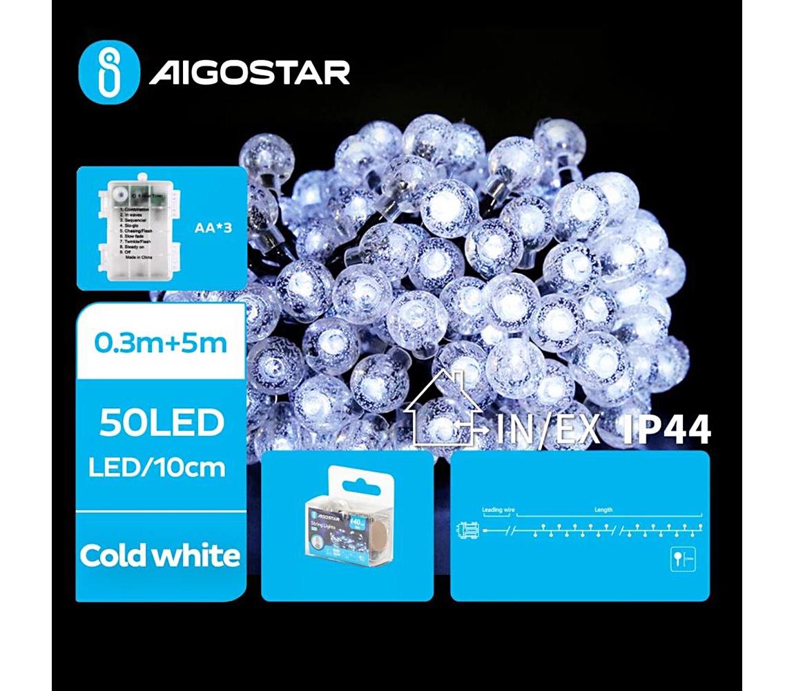 B.V. - LED vonkajší reťaz 50xLED/3xAA/8 funkcií 5,3 m IP44 studená biela B10303K4S