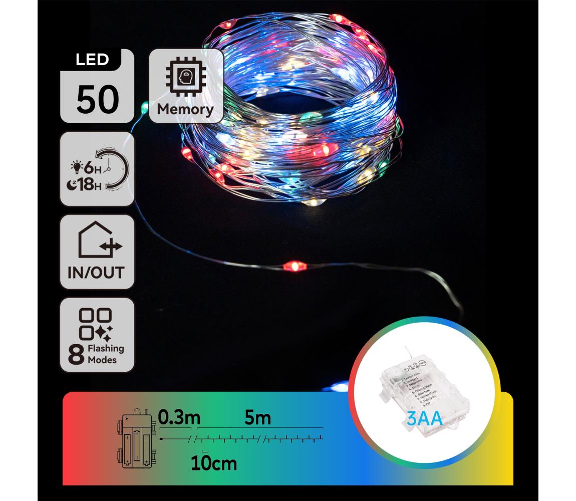 B.V.  - LED Vonkajší  reťaz 50xLED/8 funkcií 3xAA 5,3m IP44 viacfarebný B10303K1F