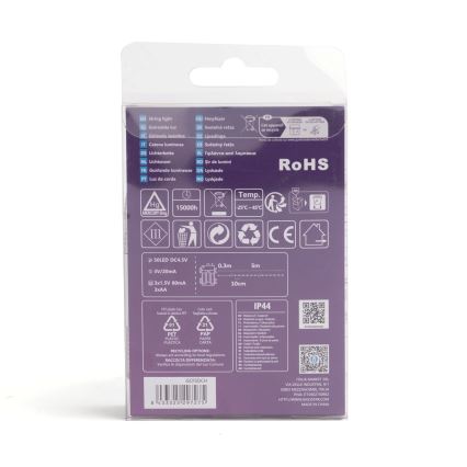 Balenie LED svetiel obsahuje technické informácie: napätie, spotreba, dĺžka, životnosť, symboly pre recykláciu, certifikáty RoHS a CE, stupeň krytia IP44 a QR kód.