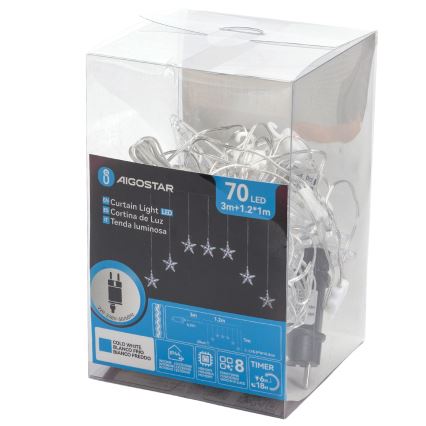 Aigostar - LED vonkajší svetelný reťaz 70xLED 1,2x1m IP44 studená biela hviezdy