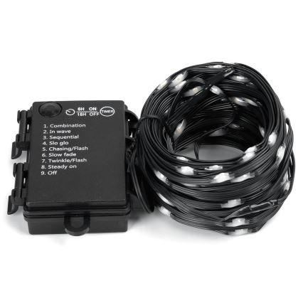Svietiace LED diódy na čiernom kábli sú zvinuté do kruhu. Riadiaca jednotka s prepínačom a časovačom (6H ON/18H OFF) ponúka deväť svetelných režimov: Combination, In wave, Sequential, Slo glo, Chasing/Flash, Slow fade, Twinkle/Flash, Steady on, Off.