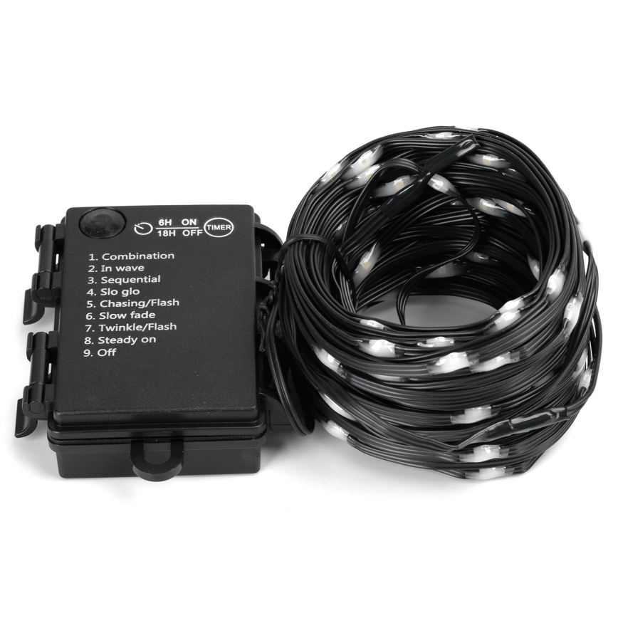 Svietiace LED diódy na čiernom kábli sú zvinuté do kruhu. Riadiaca jednotka s prepínačom a časovačom (6H ON/18H OFF) ponúka deväť svetelných režimov: Combination, In wave, Sequential, Slo glo, Chasing/Flash, Slow fade, Twinkle/Flash, Steady on, Off.