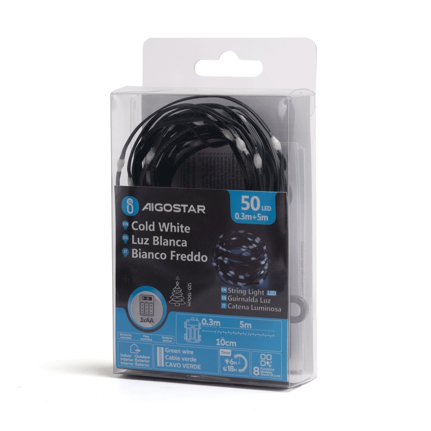 Svetlometáž s 50 LED diódami v balení, s dĺžkou 5,3 metra, je zvinutá. Farba svetiel je studená biela (Cold White, Luz Blanca, Bianco Freddo). Balenie obsahuje zelený kábel.