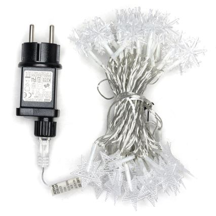Svetelný reťaz s LED diódami v tvare hviezdičiek je zvinutý. Súčasťou je sieťový adaptér. Na adaptéri je text: INPUT: 100-240V~50/60Hz 0.2A, OUTPUT: 5V 1A, CE, KEMA, a ďalšie nečitateľné znaky. Na káble je štítok s textom: AOSTAR LIGHT INPUT: 5V 1A OUTPUT: 5V 1A, a ďalšie nečitateľné znaky.