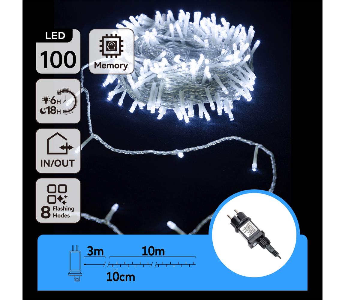 B.V.  - LED vonkajší svetelný reťaz 100xLED/8 funkcií 13m IP44 studená biela B103031OM