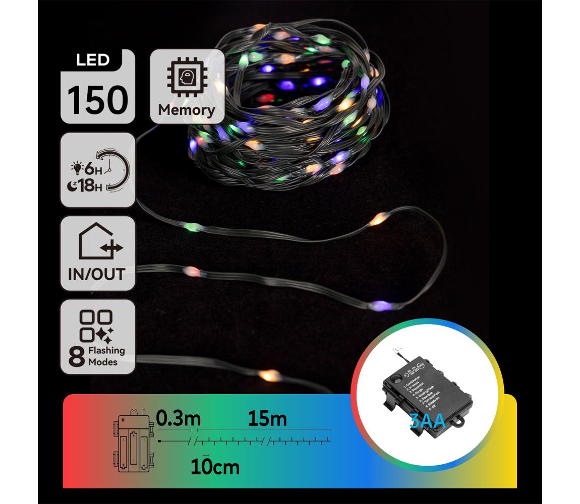 B.V.  - LED vonkajší svetelný reťaz 150xLED/8 režimov 3xAA 15,3m IP44 viacfarebný B10303K1Q