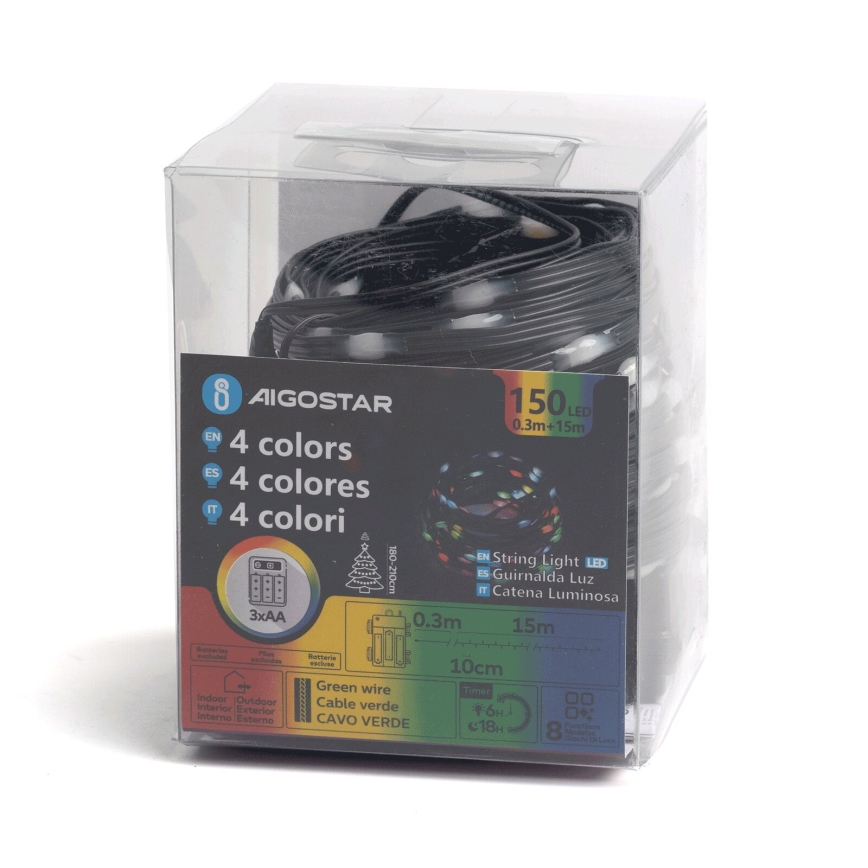 Svetelný veniec s 150 LED diódami v štyroch farbách je zrolovaný v priehľadnom plastovom obale. Veniec je dlhý 15 metrov, má zelený kábel a je napájaný tromi AA batériami. Balenie obsahuje aj informácie o čase prevádzky (6 hodín) a životnosti batérie (18 hodín).