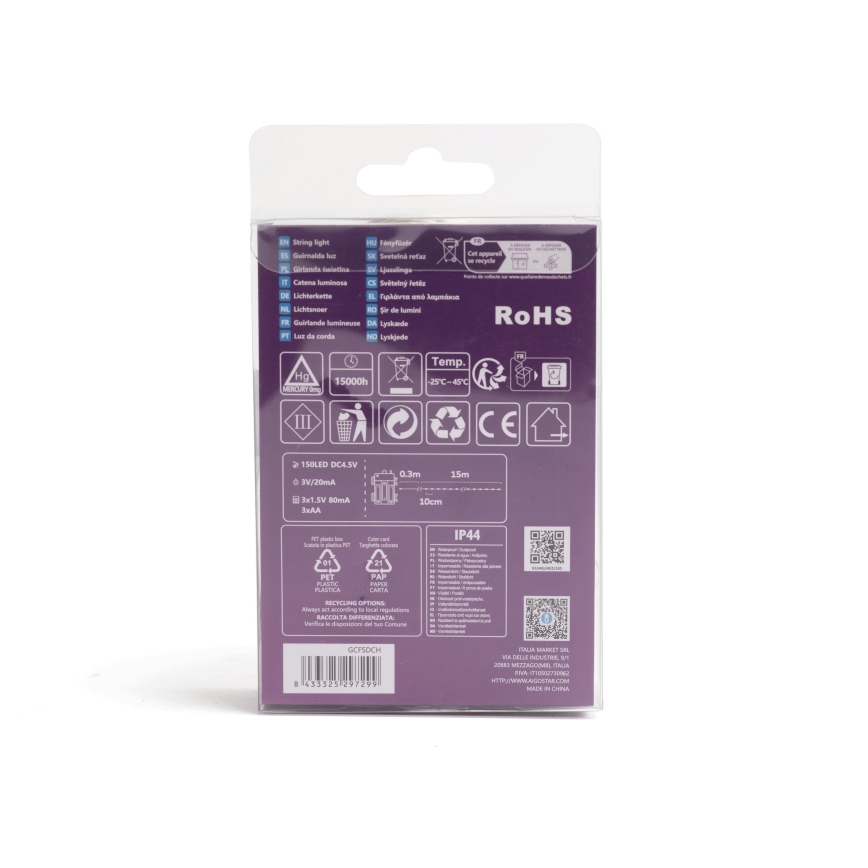 Balenie LED svetelnej reťaze obsahuje technické údaje: 150 LED diód, napájanie DC 3V/20A, dĺžka 15m, rozostup 0,3m, životnosť 15000 hodín, trieda krytia IP44. Na obale sú tiež symboly pre recykláciu a označenie RoHS.