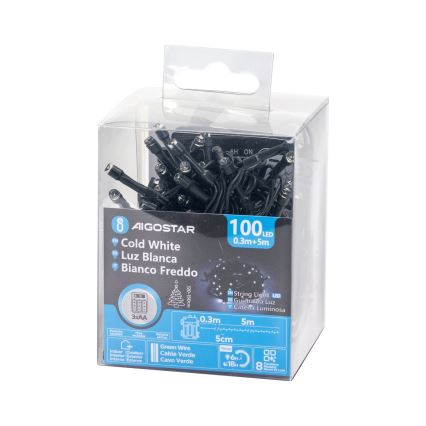 Aigostar - LED vonkajší svetelný reťazec 100xLED/8 funkcií 3xAA 5,3 m IP44 studená biela