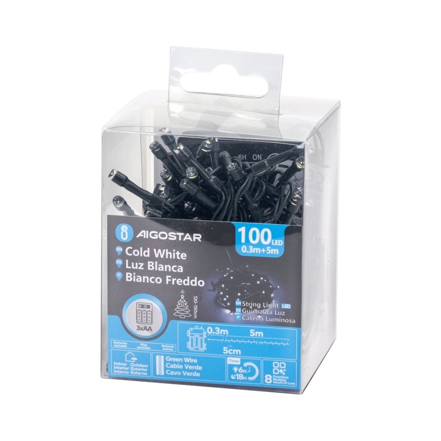 Aigostar - LED vonkajší svetelný reťazec 100xLED/8 funkcií 3xAA 5,3 m IP44 studená biela