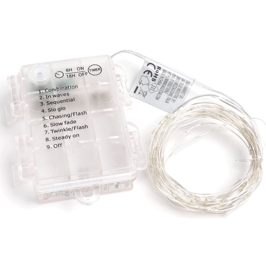 Svetlá na batérie s ovládačom ponúkajúcim deväť svetelných režimov (kombinované, vlny, sekvenčné, pomalé žiarenie, prenasledovanie/blesk, pomalé zhasínanie, blikanie/blesk, stále svietenie, vypnuté). Svietidlo je zvinuté, pripojené k plastovému ovládaciemu boxu.