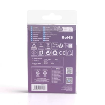 Balenie LED svetielká; obsahuje technické údaje, certifikácie (RoHS, CE, IP44), parametre (napr. 100 LED, 15000 hodín).