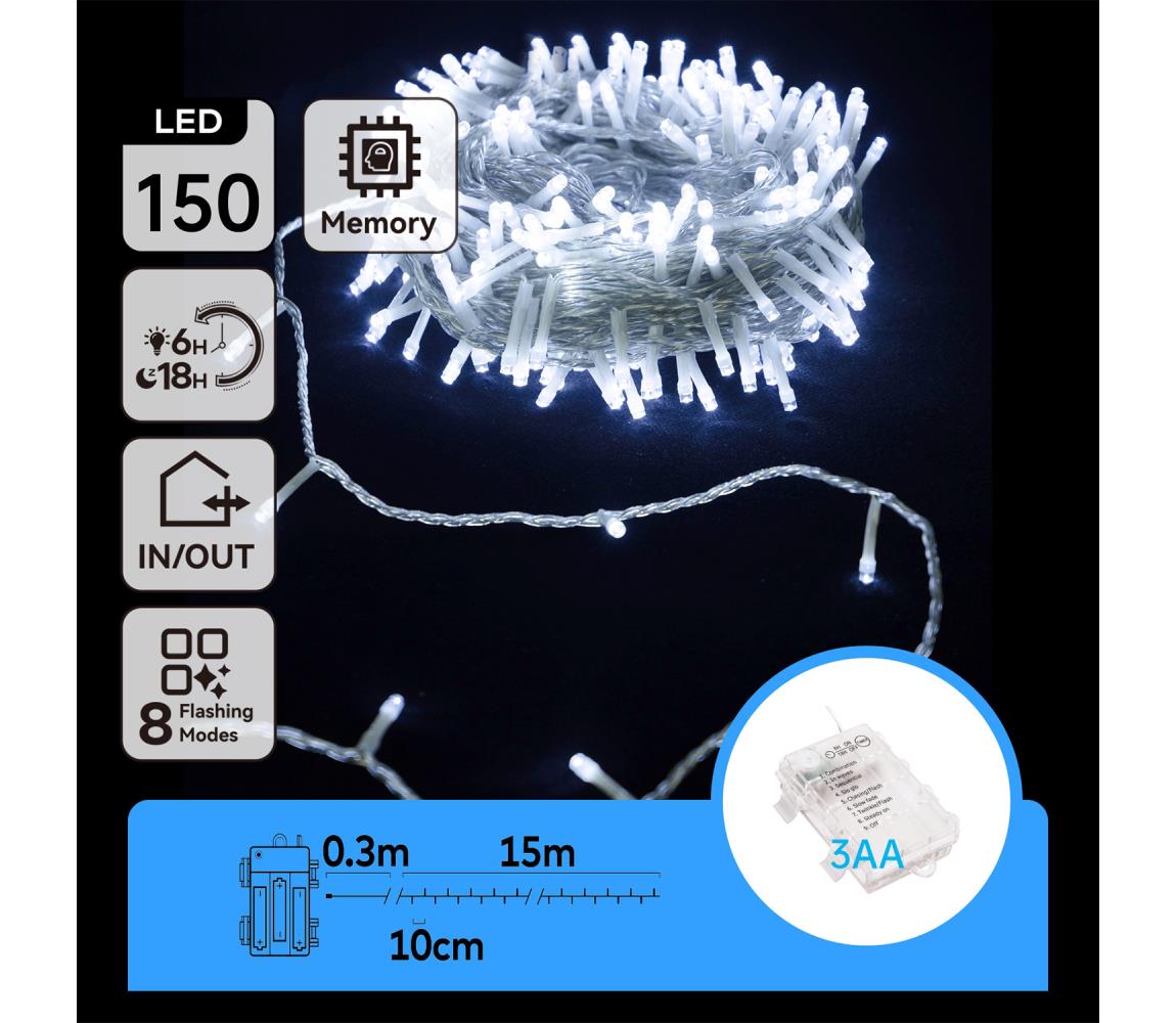 B.V.  - LED vonkajší svetelný reťazec 150xLED/8 funkcií 15,3m IP44 studená biela B10303K1W