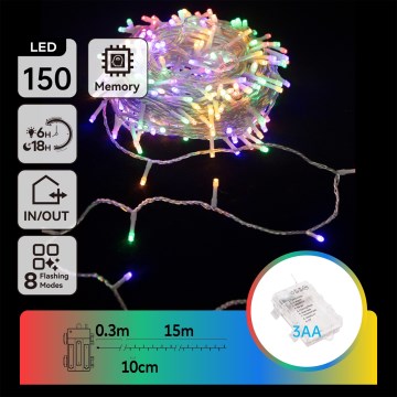 Aigostar -LED Vonkajší svetelný reťazec 150xLED/8 funkcií 3xAA 15,3m IP44 viacfarebný