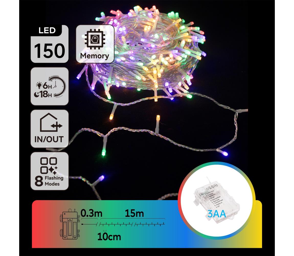 B.V.  -LED Vonkajší svetelný reťazec 150xLED/8 funkcií 3xAA 15,3m IP44 viacfarebný B10303K20