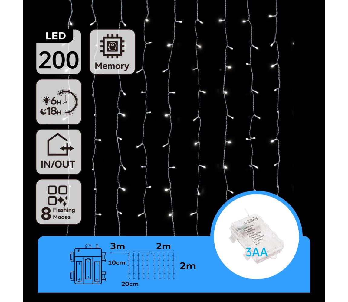 B.V. -LED vonkajší svetelný reťazec 200 × LED, 8 režimov, napájanie 3 × AA, 5 × 2 m, IP44, studená biela B10303K3I